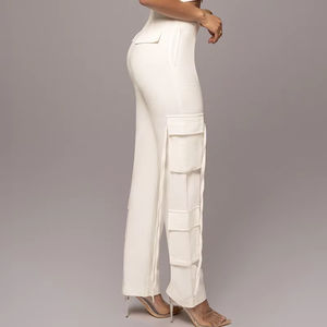 Abiti alla moda estivi Casual a <span class=keywords><strong>vita</strong></span> <span class=keywords><strong>alta</strong></span> da <span class=keywords><strong>donna</strong></span> con 6 tasche bianco da lavoro Casual <span class=keywords><strong>pantaloni</strong></span> in bianco - Product Image 4