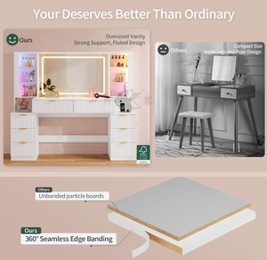 Table de maquillage blanche, 8 tiroirs, <span class=keywords><strong>miroir</strong></span> LED, grand design en bois - Product Image 3