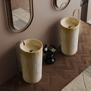 Lavabo de salle de bain autoportant style Wabi Sabi Lavabo à main sur pied en pierre artificielle artistique en travertin jaune - Product Image 6