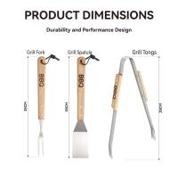 Ensemble d'outils de barbecue portables en acier inoxydable avec manche en bois de hêtre |   Accessoires de barbecue en plein air, spatule en bois massif