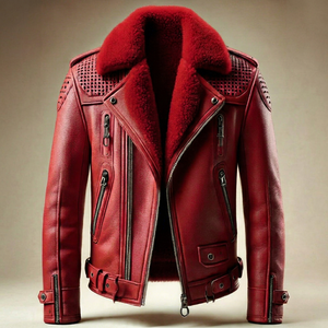 Blouson aviateur en cuir pour homme avec doublure en fausse fourrure et fermeture éclair - Product Image 1