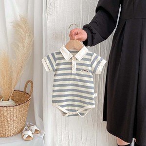 Combinaisons pour bébé à manches courtes d'été, col côtelé avec boutons-pression, motifs rayés unis, combinaisons en coton doux - Product Image 4