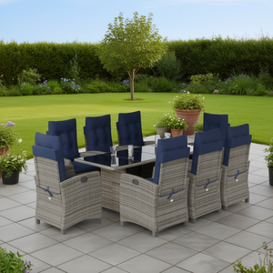 Set da pranzo da giardino blu navy e grigio con cuscini, 6 posti, in rattan, mobili da esterno in stile contemporaneo - Product Image 2