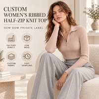 Haut en maille côtelée extensible à col rabattu et demi-zip pour femme, manches longues, coupe ajustée, idéal pour le printemps, le bureau et le quotidien