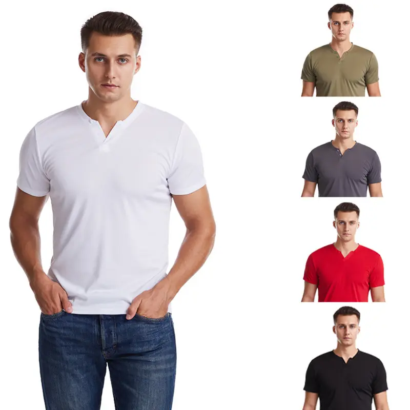 Toptan 2021 yaz erkek's katı renk boş moda erkek v yaka streç nefes T-Shirt erkek T-Shirt