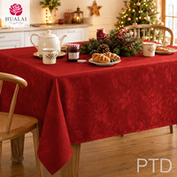 Taplak Meja Linen Merah Bermotif Daun Holly 8ft X 10ft 410g HuaLai untuk Pesta Liburan dan Acara di Rumah