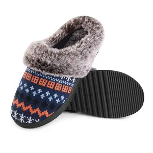 Women's Slip on Memory Foam Fuzzy Cozy House Shoes for Home Use with Faux Fur Collar Indoor Outdoor Knit Slippers