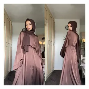 2023 नवीनतम थोक इस्लामी कपड़े मामूली दुबई शानदार ठोस रंग साटन रेशम बागे मुस्लिम महिलाओं लड़की पोशाक हिजाब Abaya