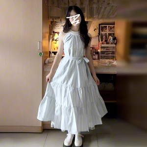 Sleeveless Halter Neck <b>Dress</b> <b>Elastic</b> Waist Breathable Long Summer Holiday Casual <b>Dress</b> - Product Image 4