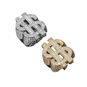 Volldiamant Zirkon Fels ausgehöhlt Herrenring US-Dollar Geldsymbol vergoldet Messing Hip Hop-Schmuck