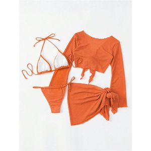 Ensemble de bikini 4 pièces personnalisé pour femme avec paréo, maillot de bain orange, design torsadé, extensible, en spandex et polyester - Product Image 1