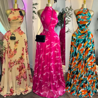 Gaun Maxi Cetak Bunga Bergaya Halter Neck Tanpa Lengan, Model Bodycon, dengan Ikat Belakang, untuk Pesta, dari J6328 Boutique Wanita