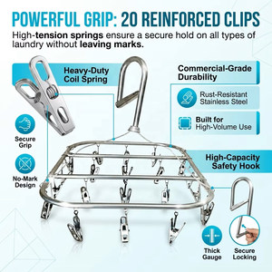 Heavy Duty 20 <strong>Pegs</strong> Stainless Steel Rectangle Sock <strong>Dryer</strong> with Windproof Locking Latch Outdoor Balcony Laundry Hanging Rack - Product Image 4