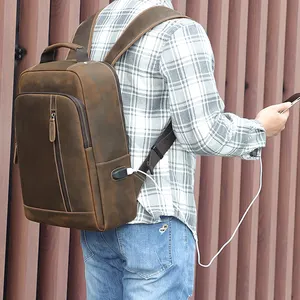 Mochila masculina de couro legítimo, mochila masculina retrô vintage feita em couro legítimo com entrada para carregador usb