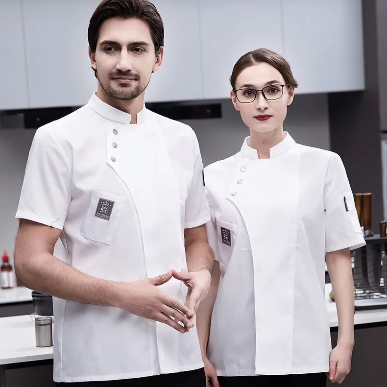 Logo özel erkekler kadınlar restoran otel cafe cook baker pişirme mutfak unisex iş üniforma kısa kollu şef ceket şef ceketi