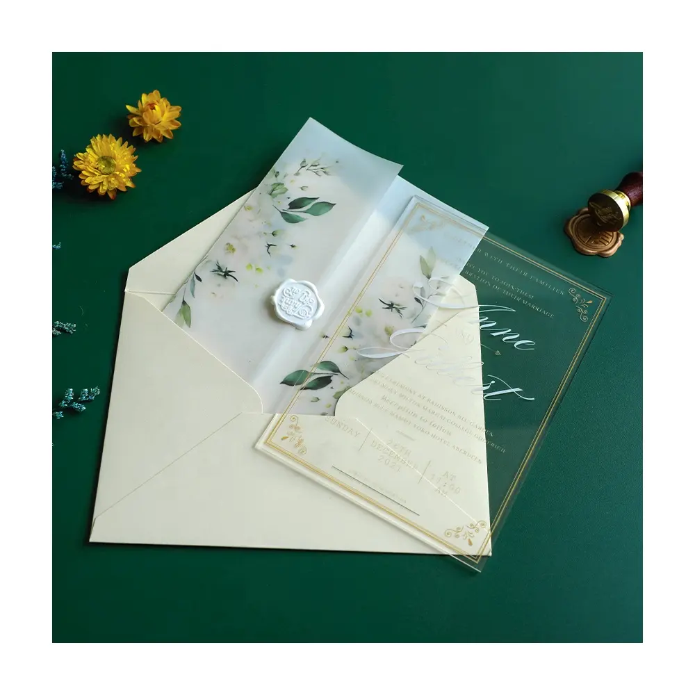 Großhandel Luxus Gratis Design Transparent UV-Druck Acryl Hochzeit Einladung Karte mit weißem Umschlag & Wachs Versiegelung