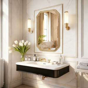 Natural Wood Color 24 X 36 Solid Wood Frame Rounded <b>Corner</b> Decorative Mirror For <b>Bedroom</b> Bathroom Living Room Entryway - Product Image 5