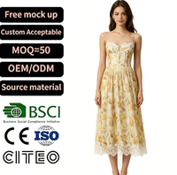 Robe mi-longue jaune à imprimé floral avec dentelle, bretelles spaghetti, corsage corset, coupe trapèze, robe d'été pour femme, style romantique vintage