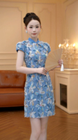 9223 GREODIAN Nouvelle Robe Cheongsam Mini Style Chinois Bleu à Paillettes Tissées Col Mandarin Taille Haute Respirante Motif Floral 3D