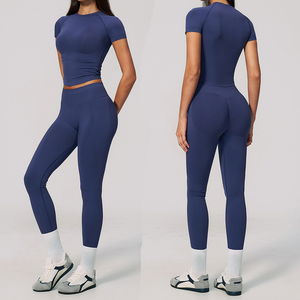 Set Yoga da Donna Senza Cuciture con Collo Tondo e Maniche Corte, Controllo Pancia, Asciugatura Rapida, Alta Elasticità, Vestibilità Slim, <span class=keywords><strong>2</strong></span> Pezzi per Palestra e Fitness all'Aperto - Product Image 1