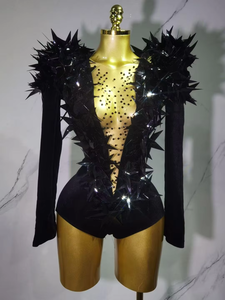 <span class=keywords><strong>Combinaison</strong></span> sexy européenne et américaine en velours noir à paillettes étoiles dorées, à fente haute, pour costume de bar Gogo et tenue de danse disco chinoise - Product Image 3