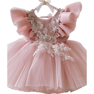 Robe de fête formelle rose respirante et douce pour la peau avec nœud à volants pour filles, idéale pour anniversaire, <span class=keywords><strong>mariage</strong></span> et occasions spéciales - Product Image 5