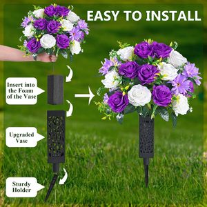 Fleurs artificielles pour cimetière avec vase, fleurs réalistes pour tombes, résistantes aux UV, pour la Journée commémorative - Product Image 5