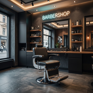 Station de Barbier Moderne de Luxe avec Miroir, Mobilier en Bois Élégant, Chaise de Barbier Commerciale Durable en Métal Réglable pour Salon de Coiffure et Pédicure - Product Image 3