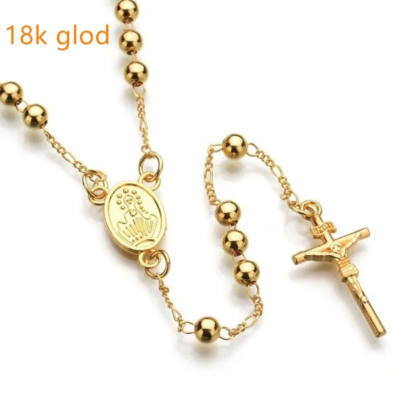 Fashion Perhiasan Wanita Kreatif 18K Emas Salib Rosario Kalung Liontin Yesus Manik-manik Salib Hip Hop Kalung untuk Pria dan Wanita