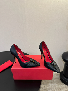 Black Leopard Head Genuine Leather Thin <b>Heels</b> Slip-On Anti-Slip Breathable Wedding Shoes Women's <b>Red</b> Pointed Toe Stylish Summer - Product Image 1