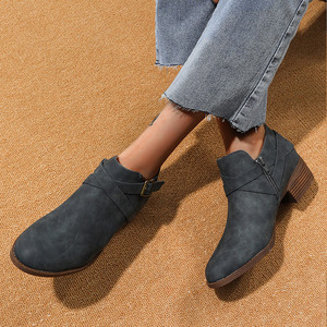 Botines Romanos para Mujer, Punta Redonda, Tacón Grueso de 5 cm, Decoración con Hebilla de Cuero de Microfibra, Color Sólido, Estilo Cómodo a Media Pantorrilla - Product Image 2