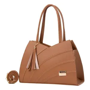 Sac à main pour femme Fana Kanya en cuir PU camel imperméable, sac de plage à fermeture ouverte, décoration à pompon, style luxueux - Product Image 1