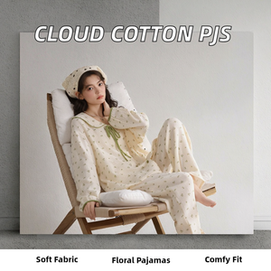 Pyjama élégant pour femmes en coton nuageux à manches longues, imprimé floral, robe de nuit décontractée et confortable pour la maison - Product Image 2