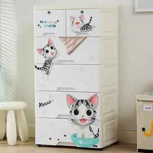Cartoon Kitten Cat Design Children Bedroom 5 Tier Baby Clothes and Toys Plastic Storage Drawers