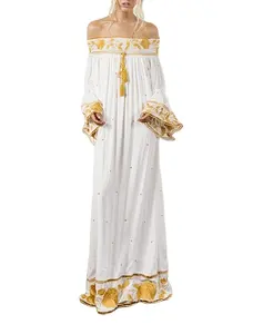 OEM Women's casual new abaya embroidered dress cotton/rayon long sleeve mop dress