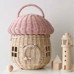 Panier en rotin en forme de maison champignon rose panier de rangement mignon maison de poupée jouets pour enfants en rotin nordique chambre d'enfants sac en osier enfants