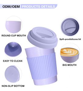 Tasses réutilisables de 12 oz avec couvercle et bouchon en silicone, gobelets de voyage, tasse en paille de blé, tasse à café écologique durable - Product Image 3