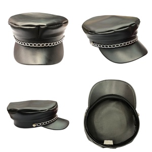 Custom Trendy Punk PU Leather Newsboy <b>Cap</b> with Chain <b>Flat</b> Top Sailor Beret <b>Cap</b> for <b>Men</b> Women - Product Image 2