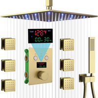 Système de douche de plafond LED 12 pouces en laiton brossé doré, style hôtelier moderne, avec jets doux massants et affichage de la température