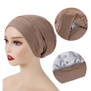 New Design Soft Modal Muçulmano Turbante Hat Hijab Tampas Interiores Sólidos Mulheres Jersey de Algodão Cetim Forrado Sob Lenço Hijab Cap Para Meninas