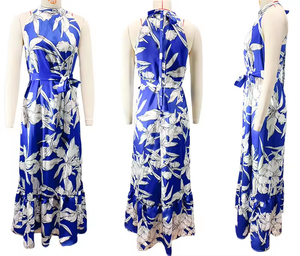 Robe longue d'été pour femme à imprimé floral, col licou, coupe trapèze, sans manches, taille haute avec ceinture, taille <span class=keywords><strong>empire</strong></span>, à volants, taille unique - Product Image 5