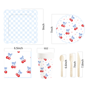 Ensemble de vaisselle en papier sur le thème de la cerise personnalisé DAMAI, assiettes, gobelets et serviettes en papier bleu jetables pour les anniversaires d'enfants et les fêtes de thé - Product Image 6