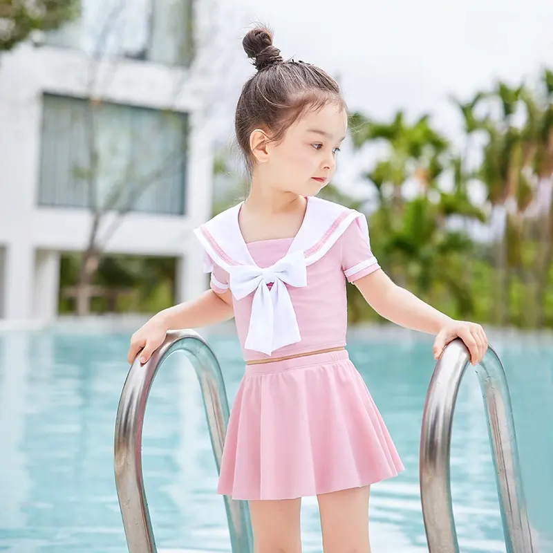 Wholesale kids baby swimwear navy blue Japanese sailor suit uniform beachwear swimsuit girl toddler two pieces OEM custom