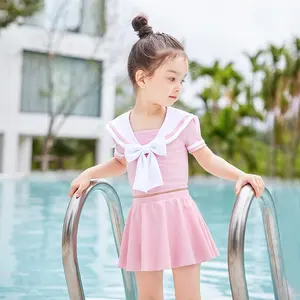 卸売キッズベビー水着ネイビーブルー日本のセーラー服制服ビーチウェア水着女の子幼児2ピースOEMカスタム