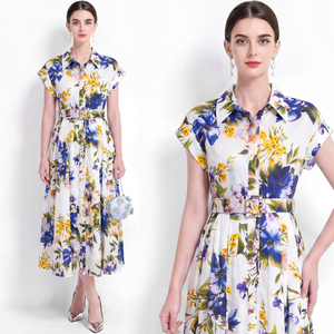 Vestido Camisero Largo de Verano para Mujer, Color Blanco y Azul, Cuello Camisero, Manga Corta, Botones al Frente, Cintura con Cinturón, Estampado Digital - Product Image 1