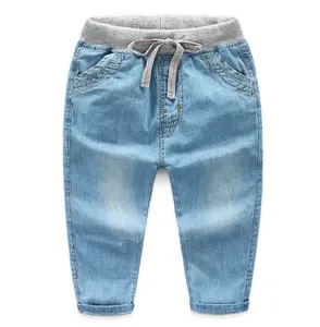 Rahat elastik Drawstrings uzun pantolon küçük erkek Hip Hop mavi kot çocuk pantolonu