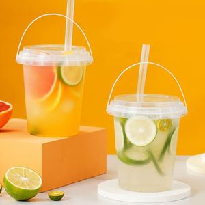 Custom logo Large Capacity 16oz 24oz 32oz Transparent Boba Tea Coffee Fruit Plastic <b>Buckets</b> Cups <b>With</b> Handles and <b>Lids</b> - Product Image 4