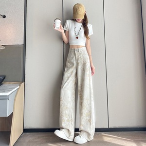 Pantalones casuales de mezclilla jacquard de nailon/algodón para <span class=keywords><strong>mujer</strong></span>, de cintura alta, pierna ancha, rectos, delgados, adelgazantes, novedad de verano 2026 (foto real) - Product Image 1