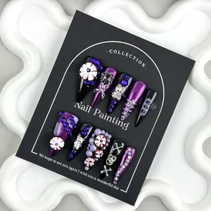 Faux ongles en acrylique de style français <span class=keywords><strong>rouge</strong></span> faits à la main 10 pièces faux ongles courts en <span class=keywords><strong>strass</strong></span> pour salon d'art des ongles ongles en gros - Product Image 5