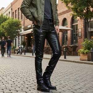 New Custom Men's <b>Slim</b> Fit Black Leather Pants 100% Polyester Casual Style Mid Waist Dark Wash OEM Service - Product Image 3